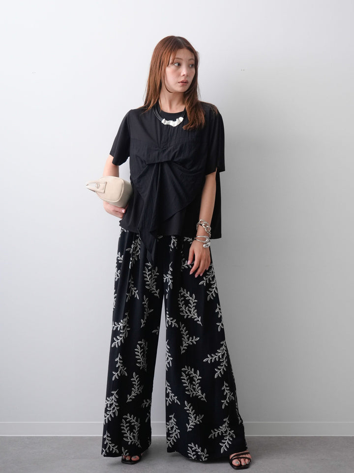 [SET]ラッフルドッキングTEE+リーフプリントタックワイドパンツ(2set)