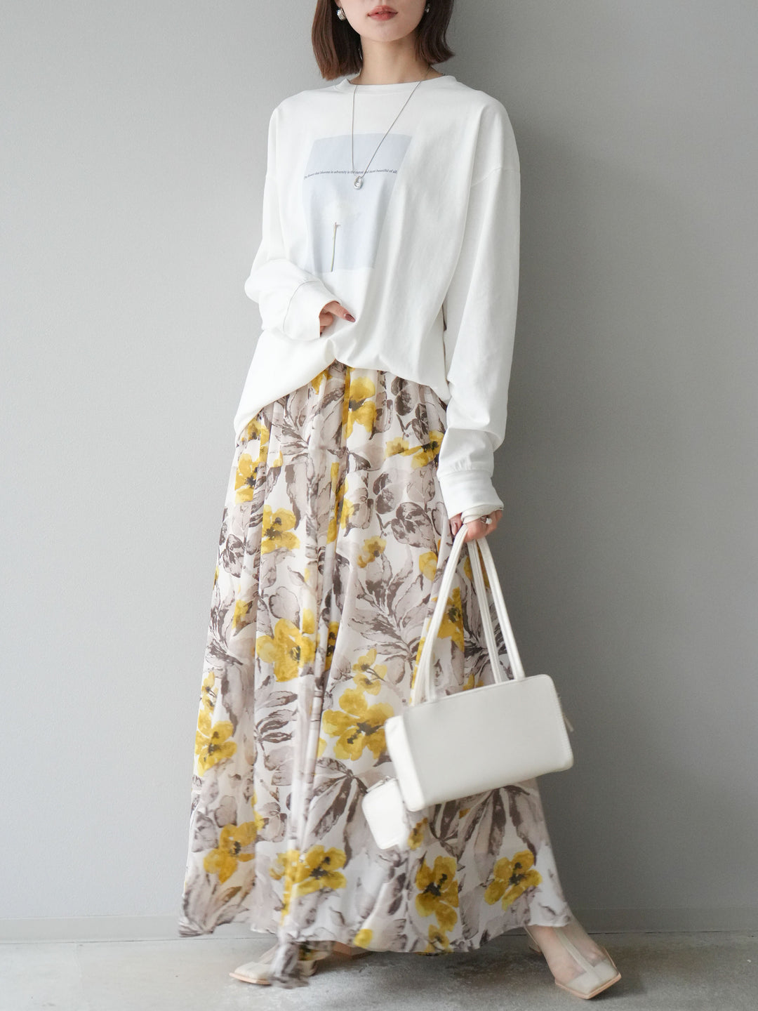 [予約]フラワープリントボリュームフレアスカート/イエロー