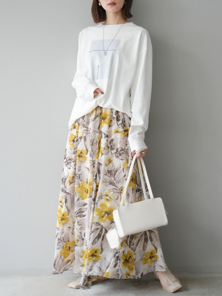 [予約]フラワープリントボリュームフレアスカート/イエロー