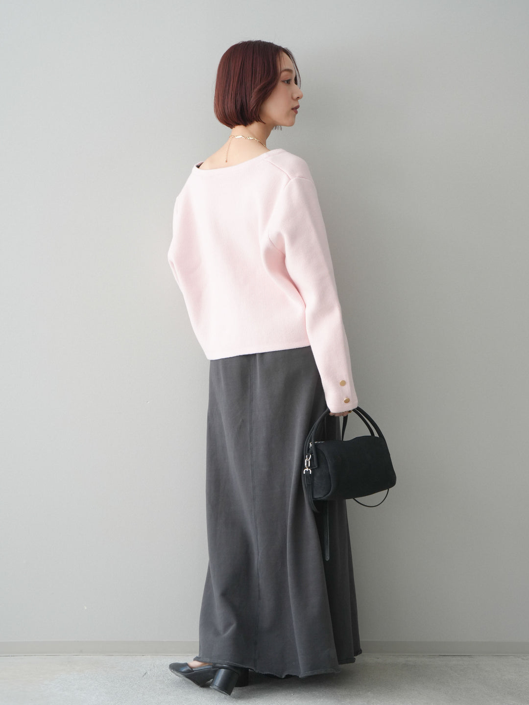 [SET]ゴールドボタンノーカラーニットジャケット+スウェットフレアロングスカート(2set)