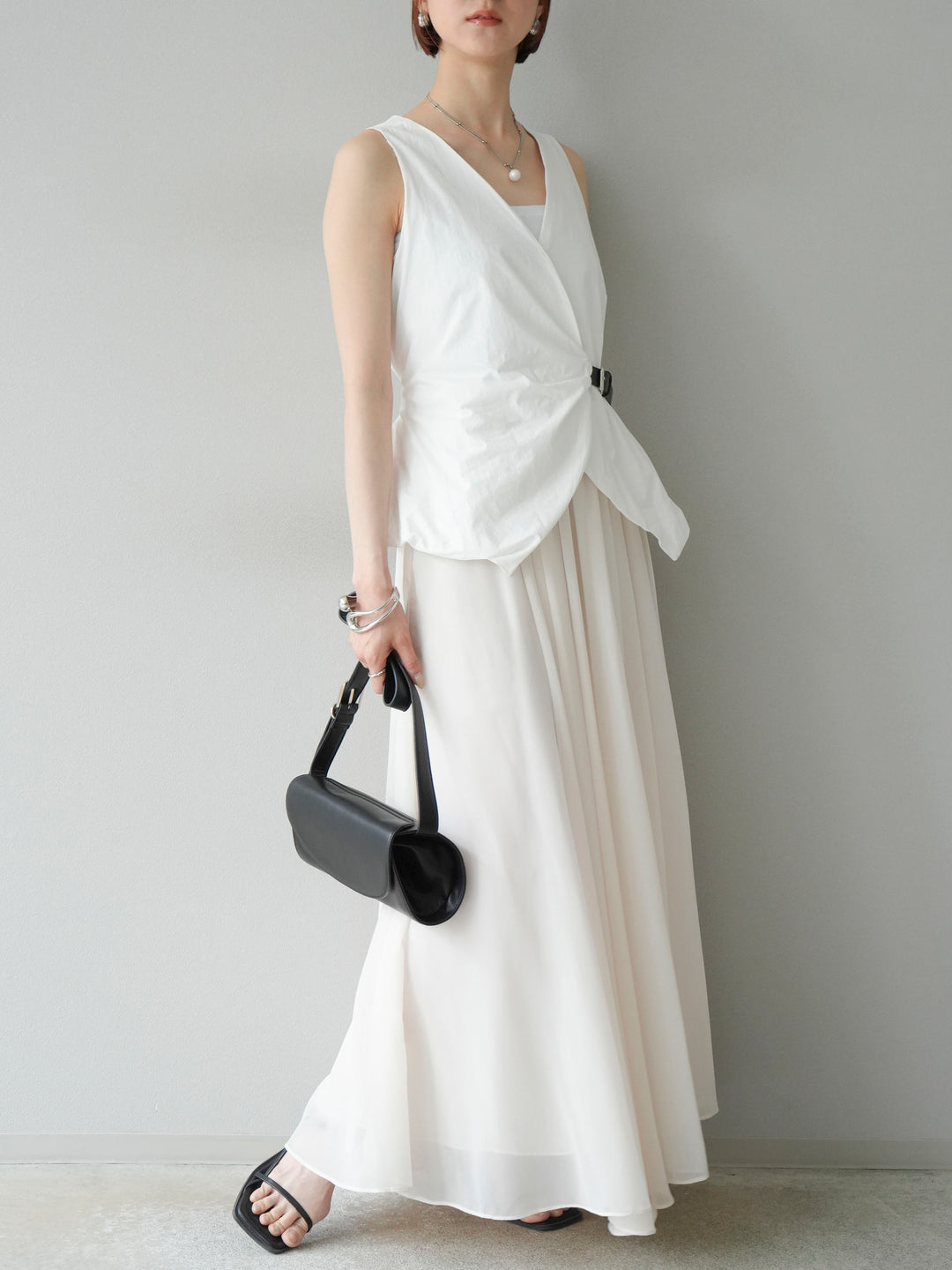 [SET]ベルトデザインバルーンブラウス+シフォンフレアスカート(2set)