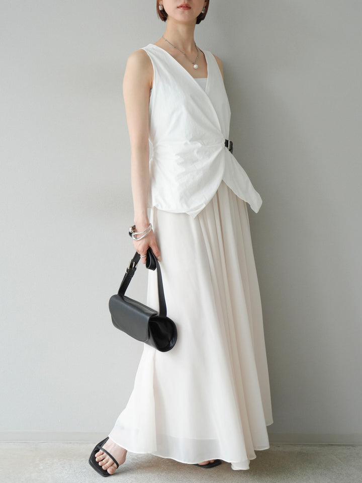 [SET]ベルトデザインバルーンブラウス+シフォンフレアスカート(2set)