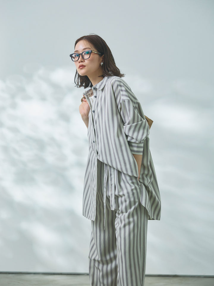 【Allure】[SET]ストライプオーバーシャツ+フロントボタンテレコリブタンクトップ(2set)