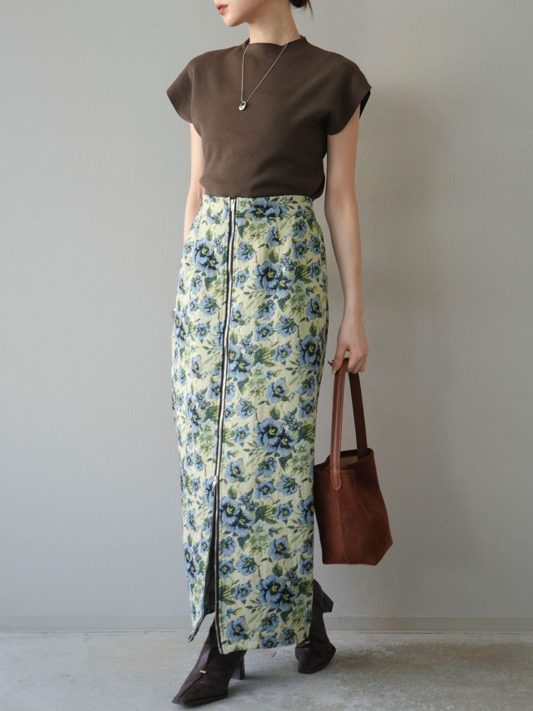 [予約]ゴブランフロントジップタイトスカート/ブルー