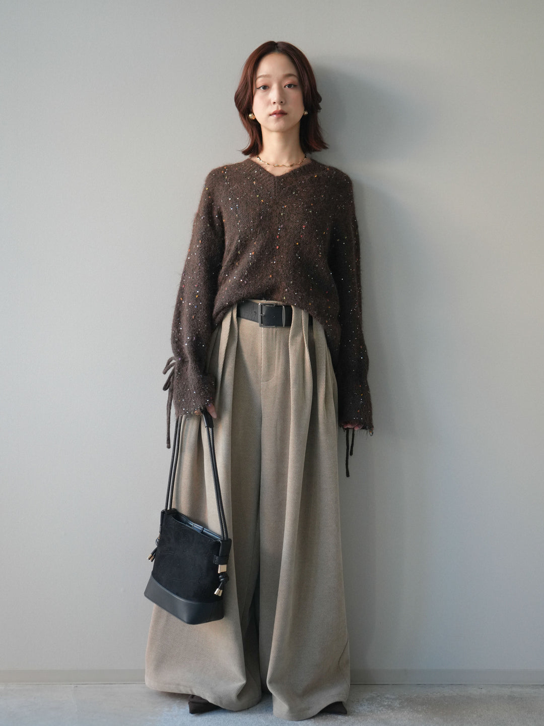 [予約]ベルトデザインループコールテンワイドパンツ(ベルト付き)/beige