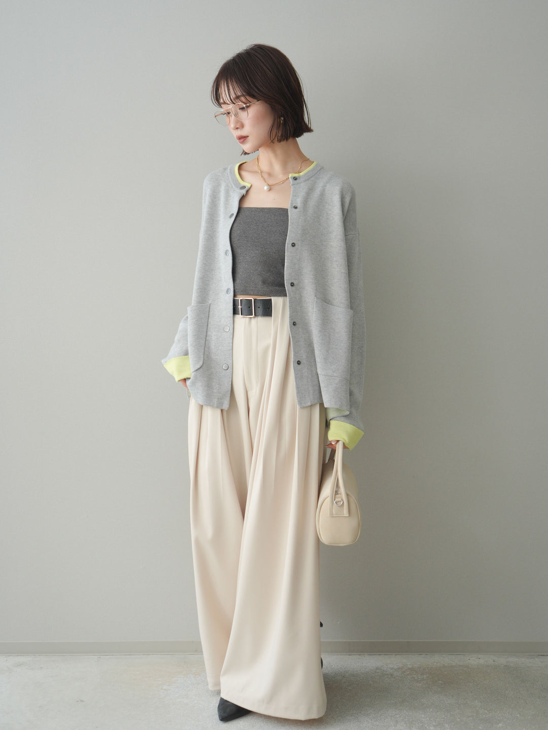 [SET]バイカラーオーバーニットカーディガン+タックベルトループワイドパンツ(2set)