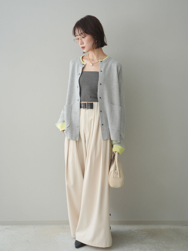 [SET]バイカラーオーバーニットカーディガン+タックベルトループワイドパンツ(2set)
