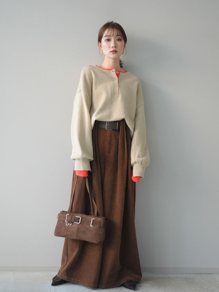 [予約]ヘンリーネック配色レイヤードニットプルオーバー/beige