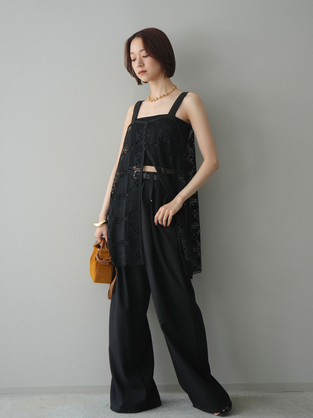 [SET]配色パネルレースキャミソール+ベルト付キーホルダーモチーフワイドパンツ(2set)