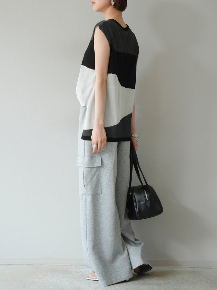 [SET]バイカラーシアーニットノースリーブ+ウエストラインサイドポケットスウェットパンツ(2set)