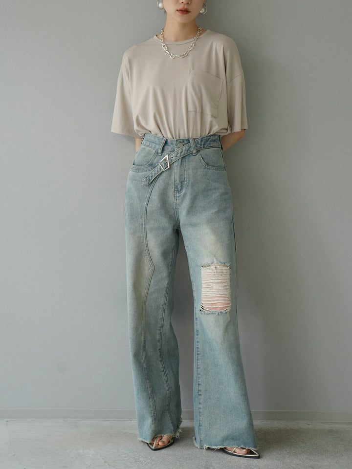 [SET] UV cut &amp; dry processing pocket T-shirt + belt asymmetrical damaged denim (2 sets)