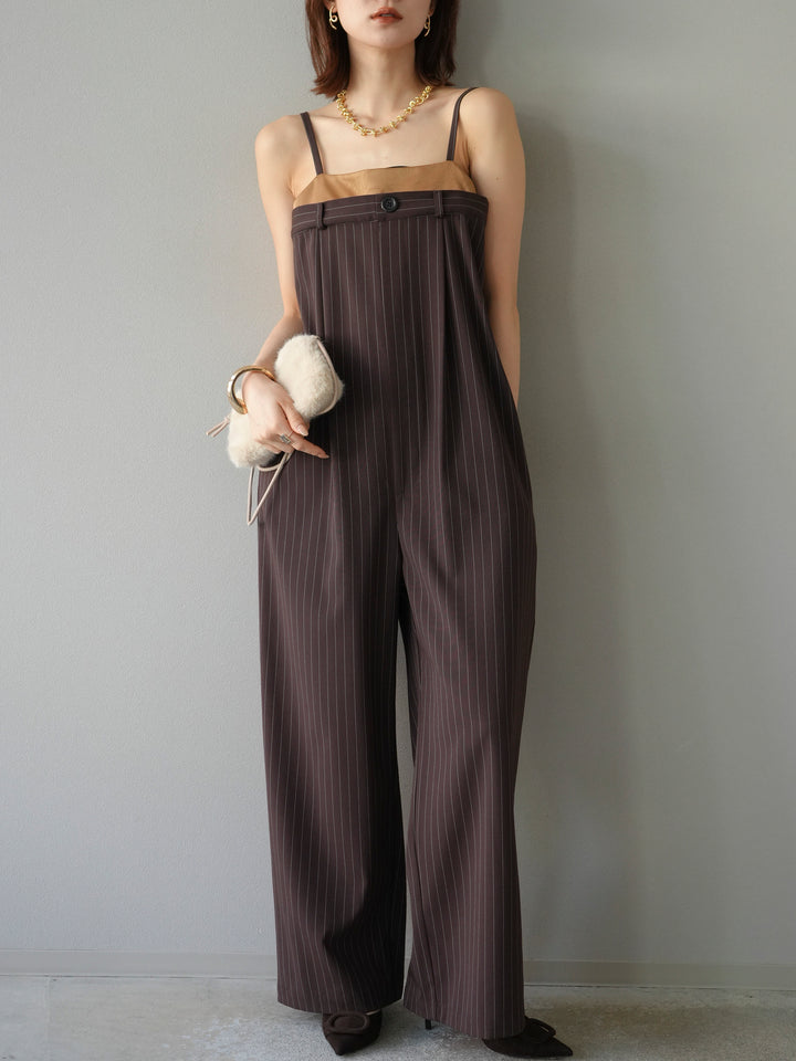 [予約]サテン切替ピンストライプサロペット/ブラウン