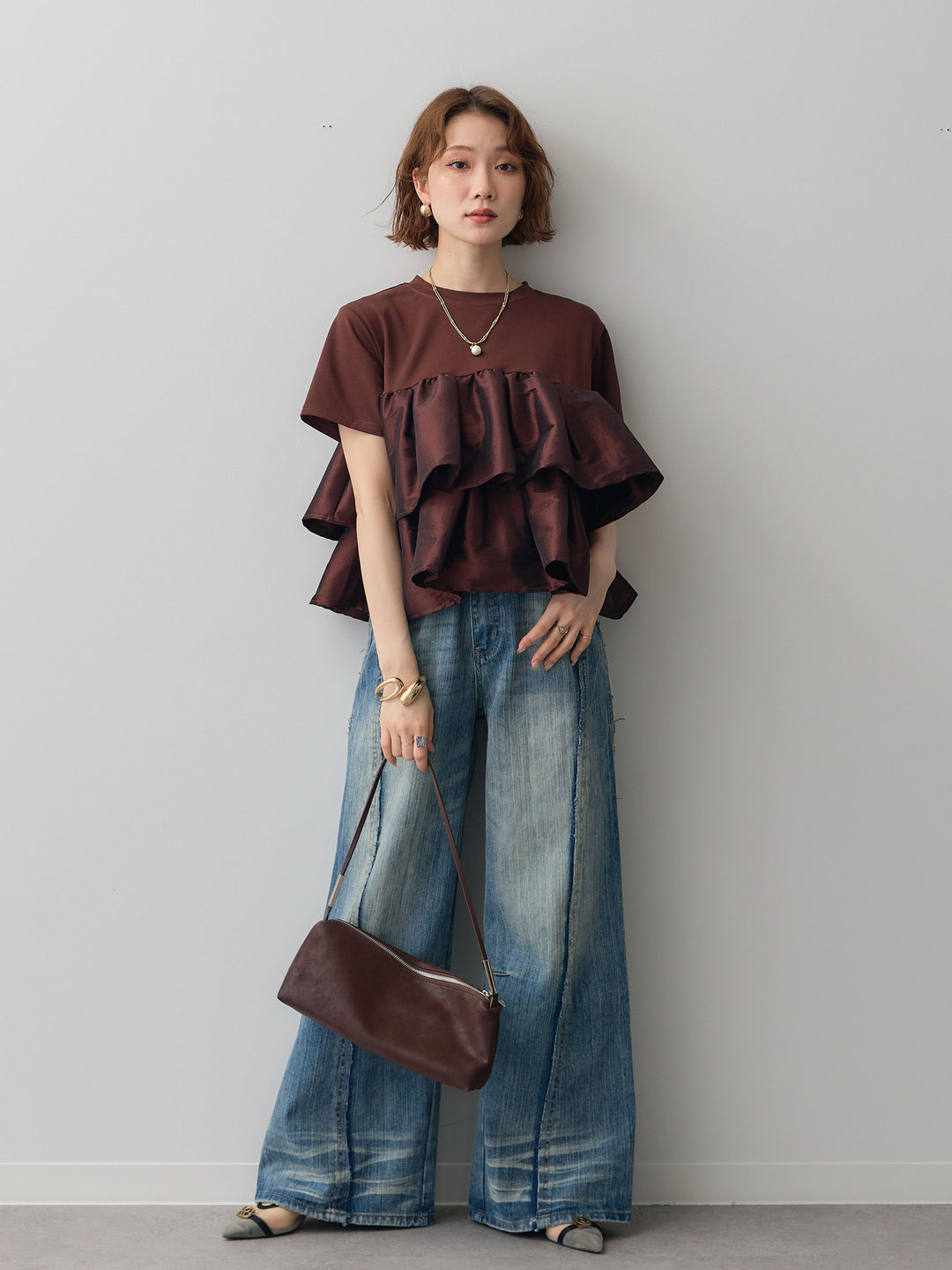 [SET]フリルティアードTEE+縦ウォッシュワイドデニムパンツ(2set)