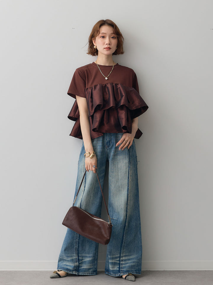 [SET]フリルティアードTEE+縦ウォッシュワイドデニムパンツ(2set)