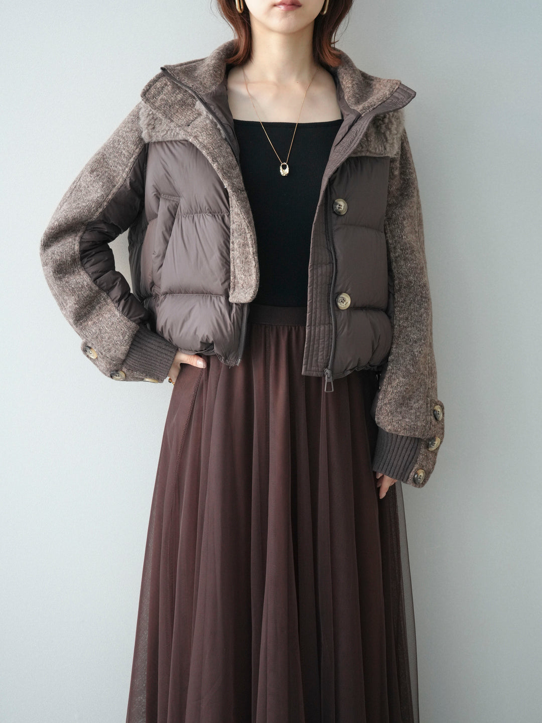 [SET]異素材ダウンジャケット+チュールボリュームスカート(2set)