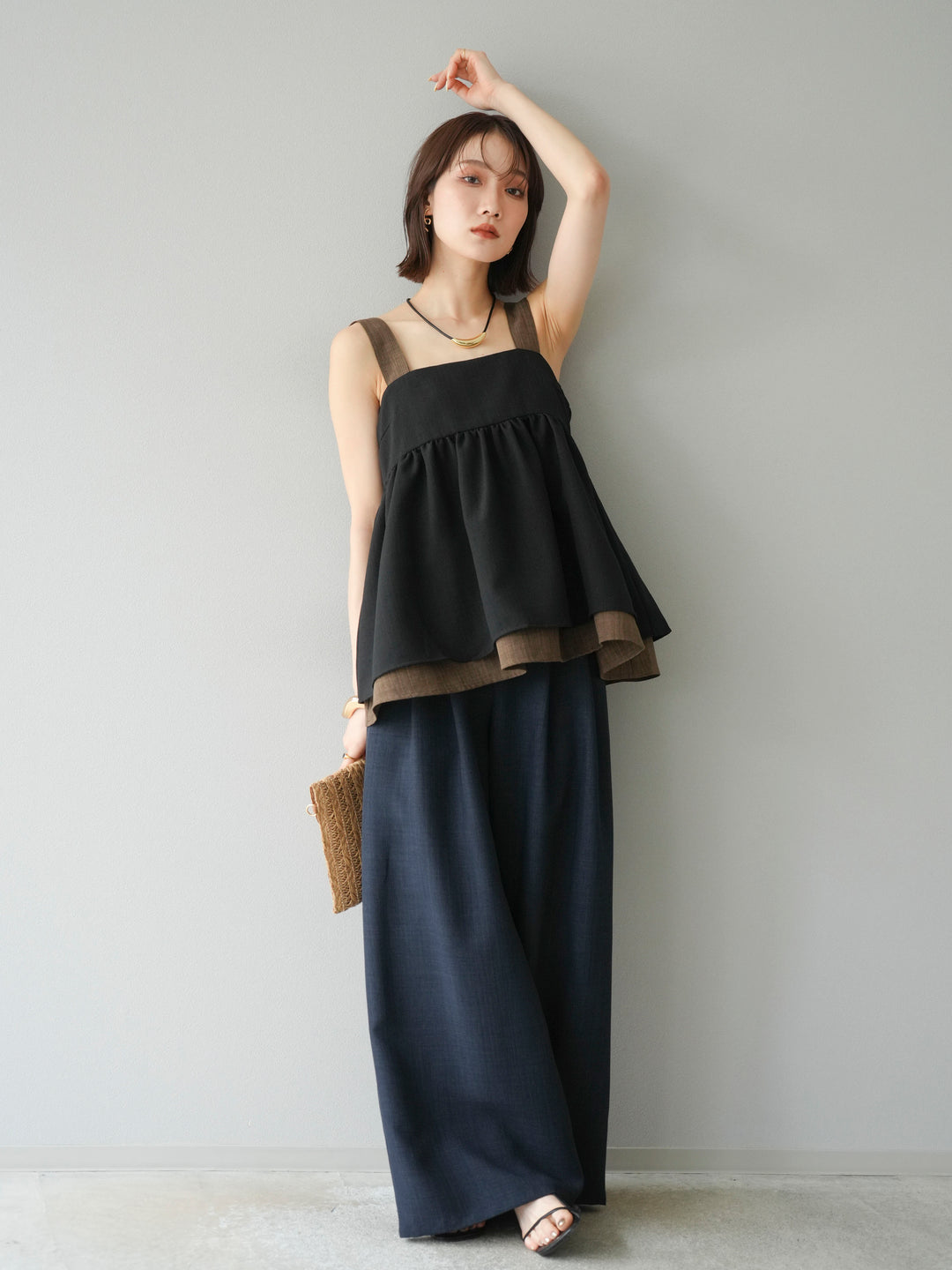 [予約]リネンライク配色フレアタンクトップ/ブラック