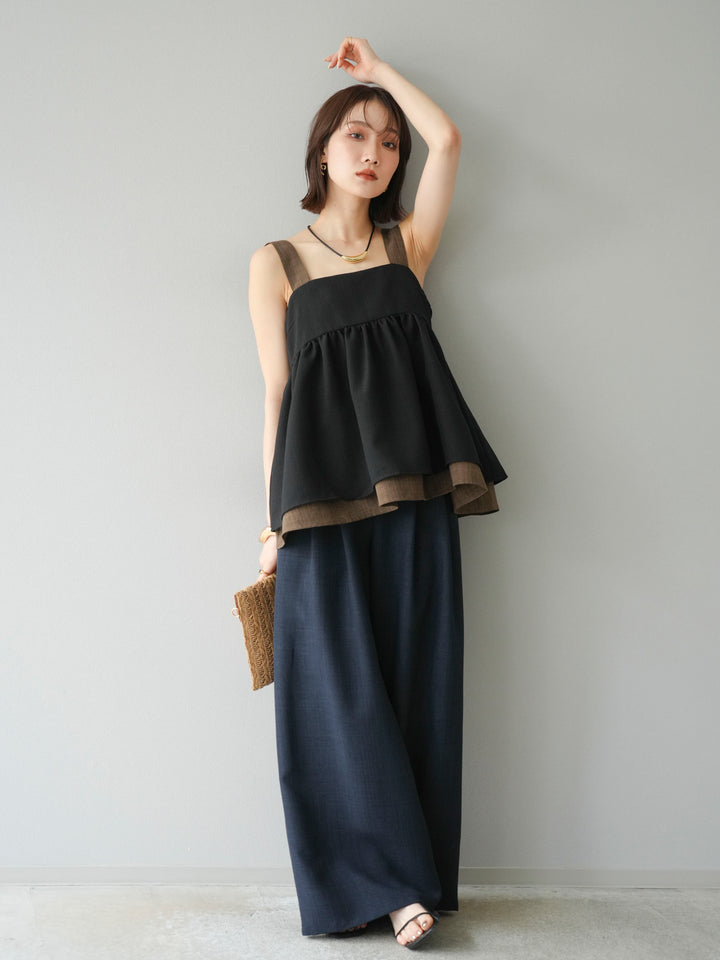 [予約]リネンライク配色フレアタンクトップ/ブラック