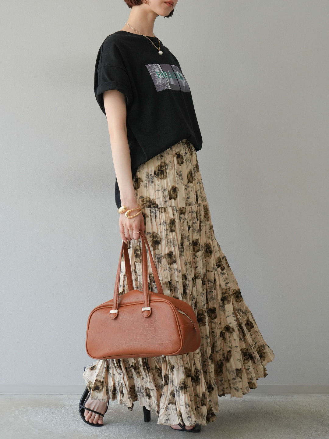 [SET]ネオンロゴコラージュフォトプリントオーバーTシャツ+フラワーワッシャーロングスカート(2set)