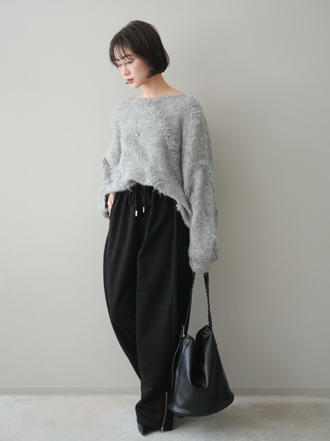 [SET]シャギーデザインニットプルオーバー+裾ZIPスエットワイドパンツ(2set)