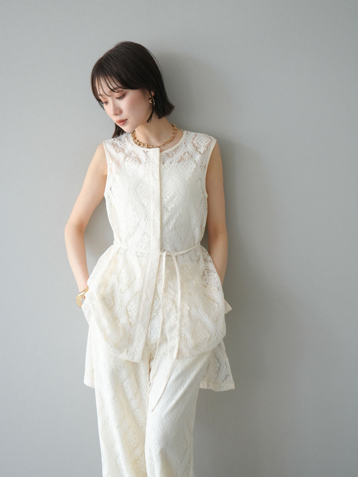 [予約]サテンパイピングレースノースリーブトップス/アイボリー