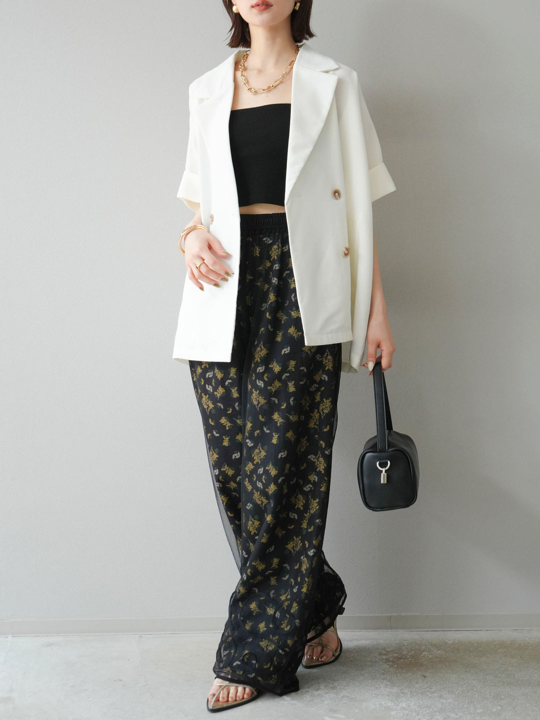 [予約]ブーケプリントタックパンツ/ブラック