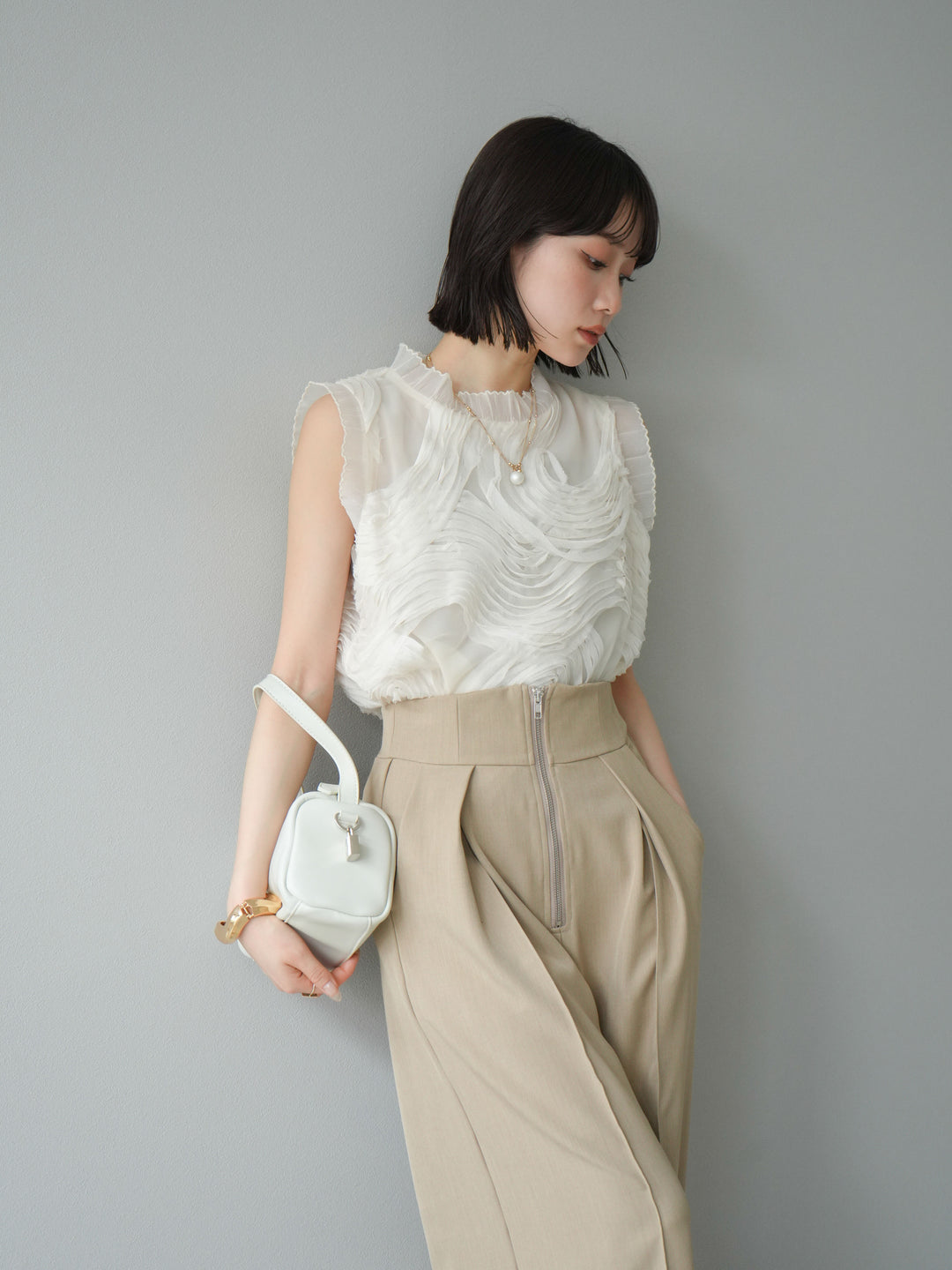 [予約]チュールジャガードノースリブラウス/アイボリー