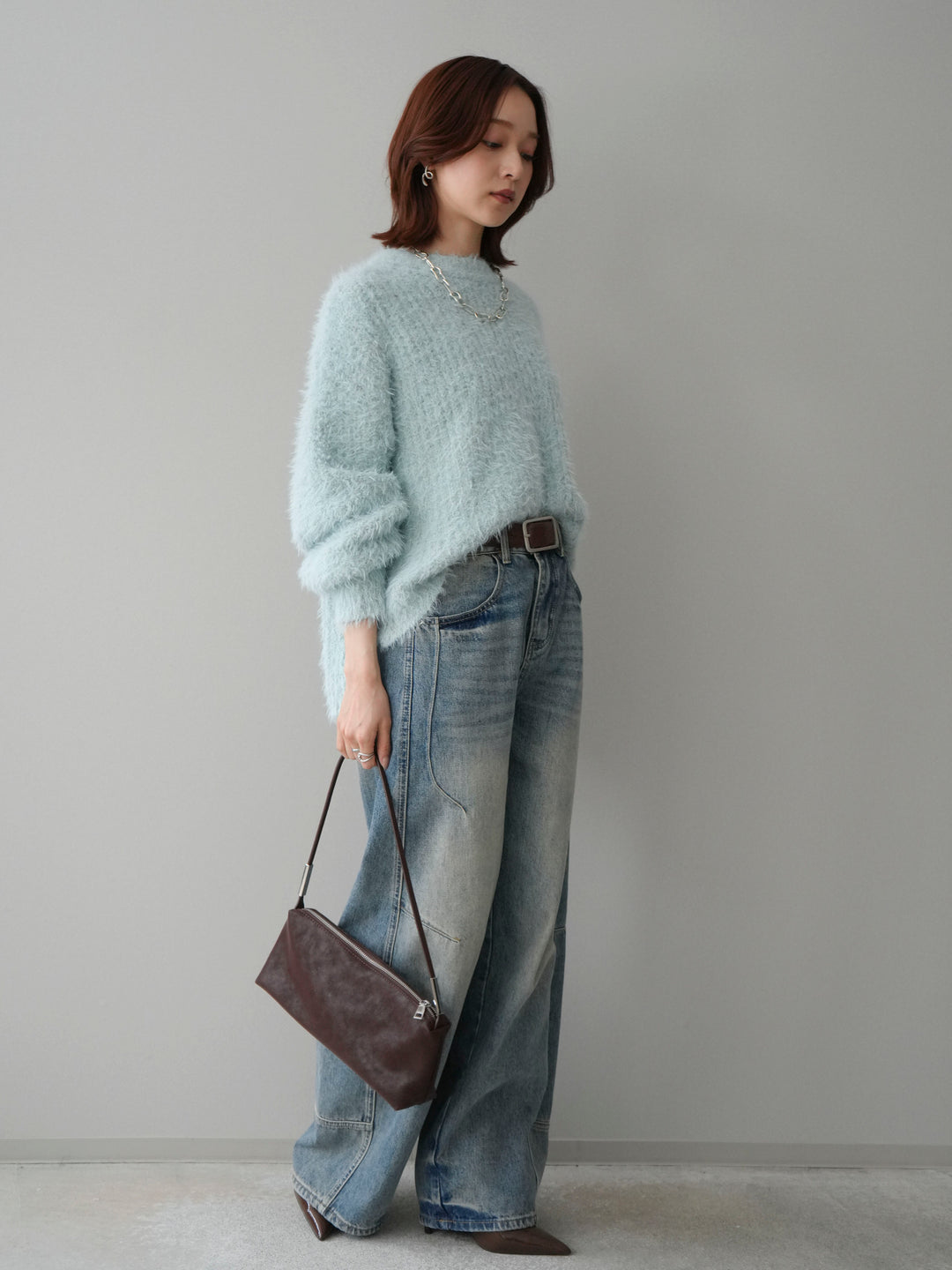 [SET]ボリュームスリーブシャギー MIXニットプルオーバー+ベルト付カーブデニムパンツ(2set)