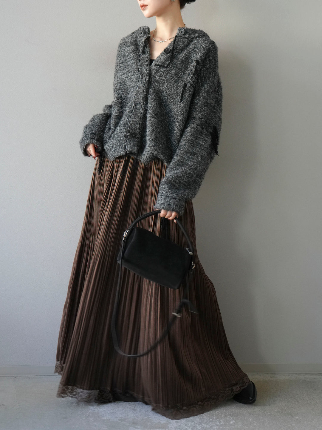 [予約]ハンドステッチデザインニットカーディガン/ブラック