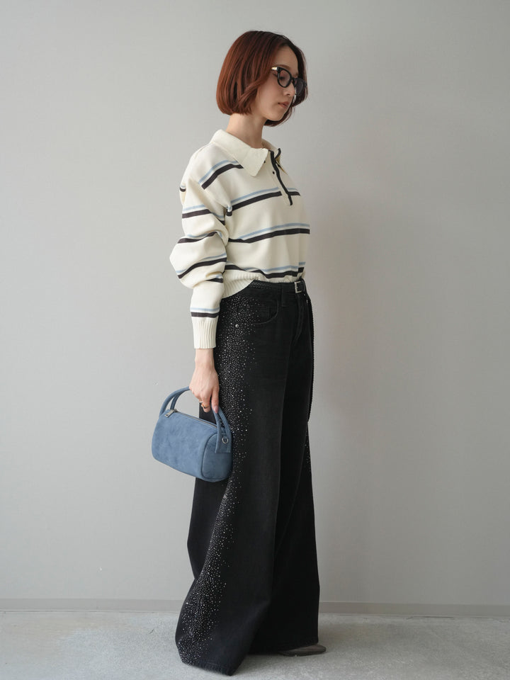 [予約]サイドビジューワイドデニムパンツ/black