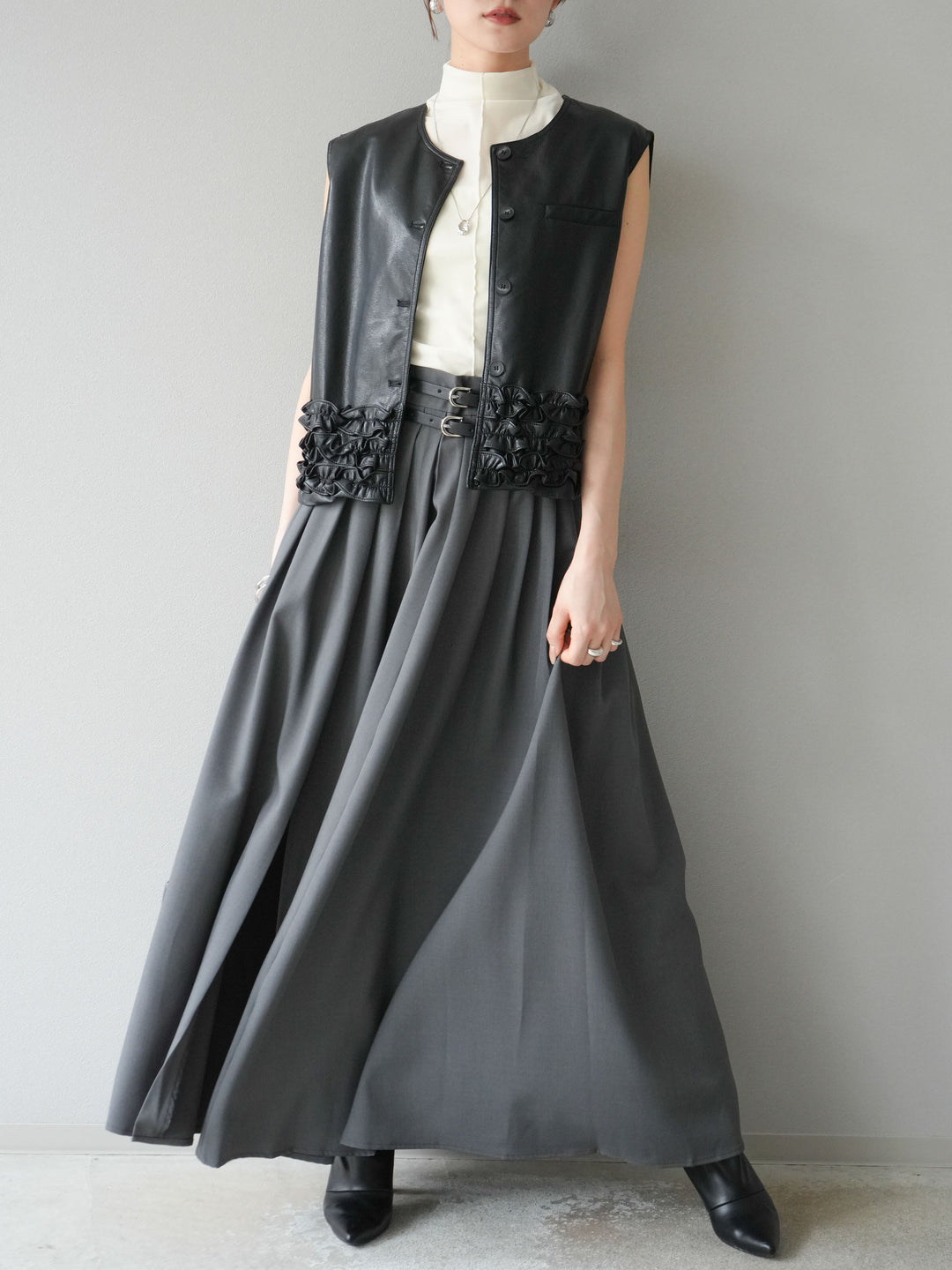 [予約]エステルプリーツスリットスカート/グレー