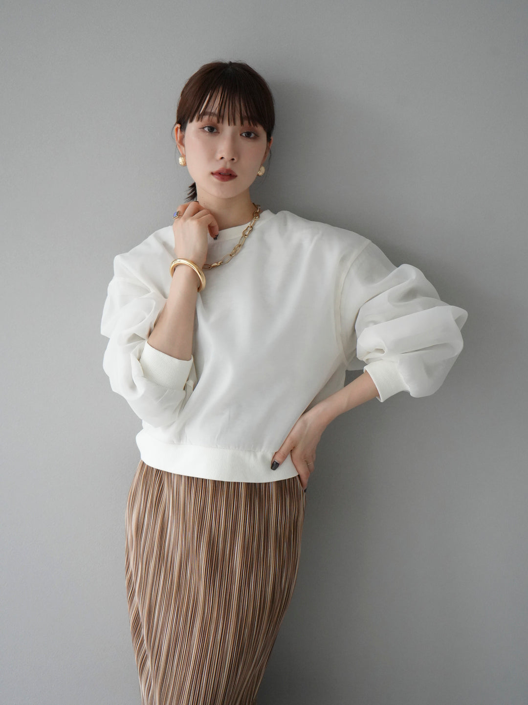 [予約]ラメシアーレイヤード裏毛クロップドプルオーバー/オートミール