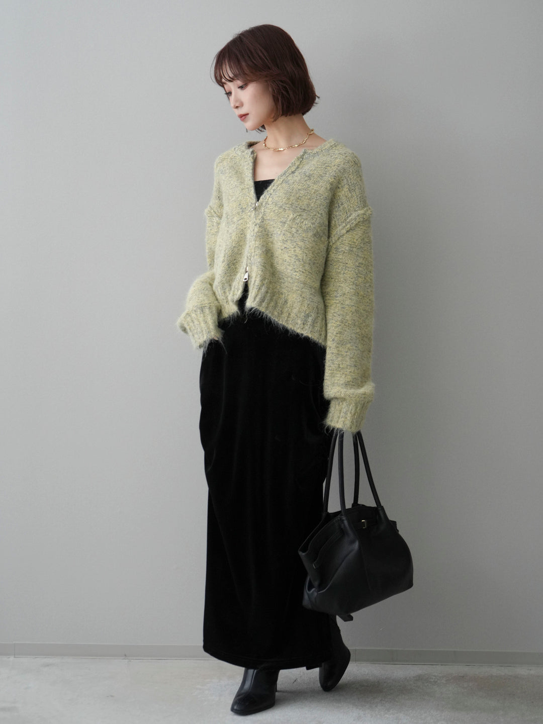 [SET]ミックスヤーンダブルZIPニットカーディガン+ギャザーベロアスカート(2set)