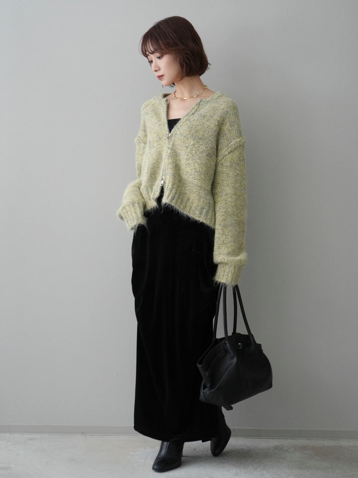 [SET]ミックスヤーンダブルZIPニットカーディガン+ギャザーベロアスカート(2set)