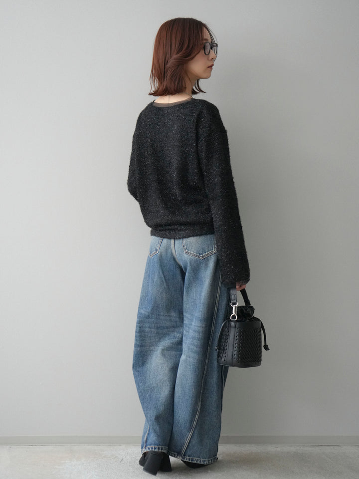 [SET]ラメシャギートップス+サイド切替カーブデニムパンツ(2set)