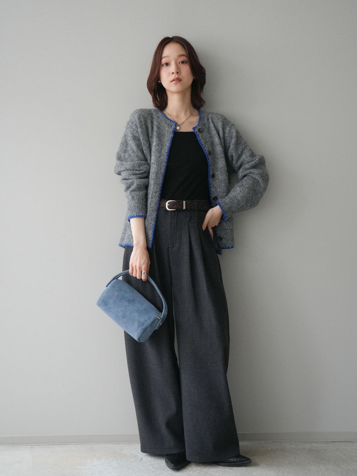 [SET]三角ステッチニットカーディガン+アニマル柄ベルト付きウールタッチワイドパンツ(2set)