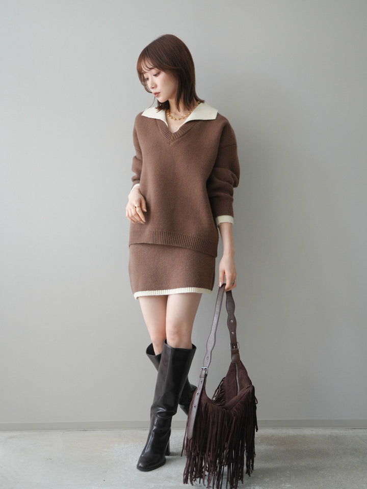 [SET]配色襟ニット＆ミニスカートSET UP(2set)