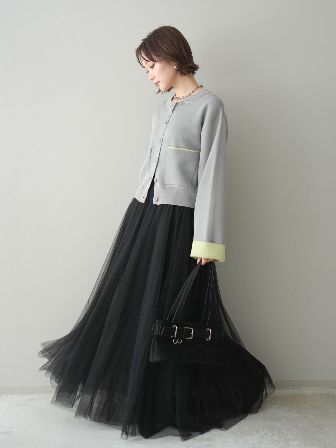 [SET]レーヨンポリダブルフェイスニットカーディガン+チュールボリュームスカート(2set)