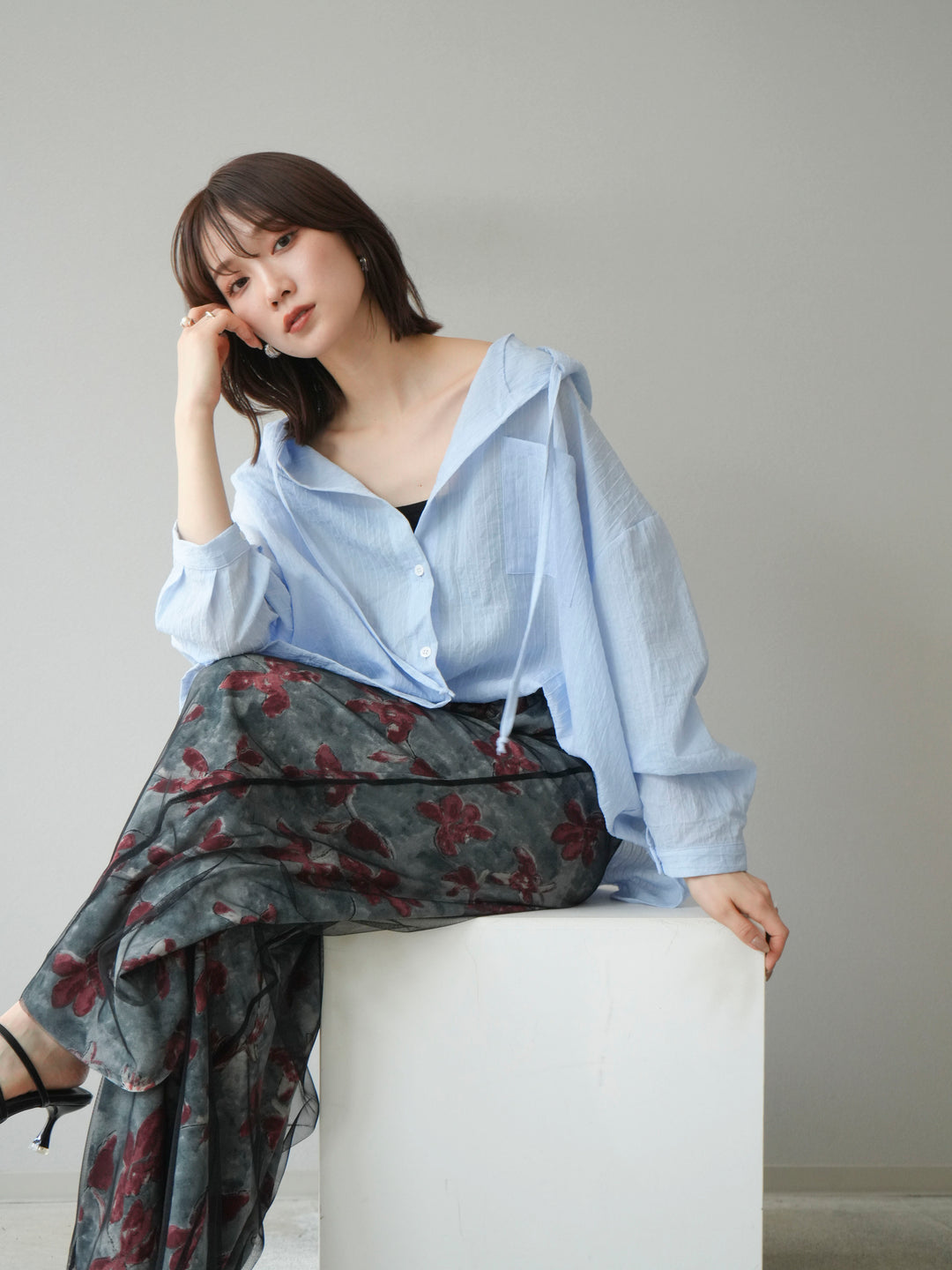 [予約]ワッシャーストライプフーディーシャツ/ブルー