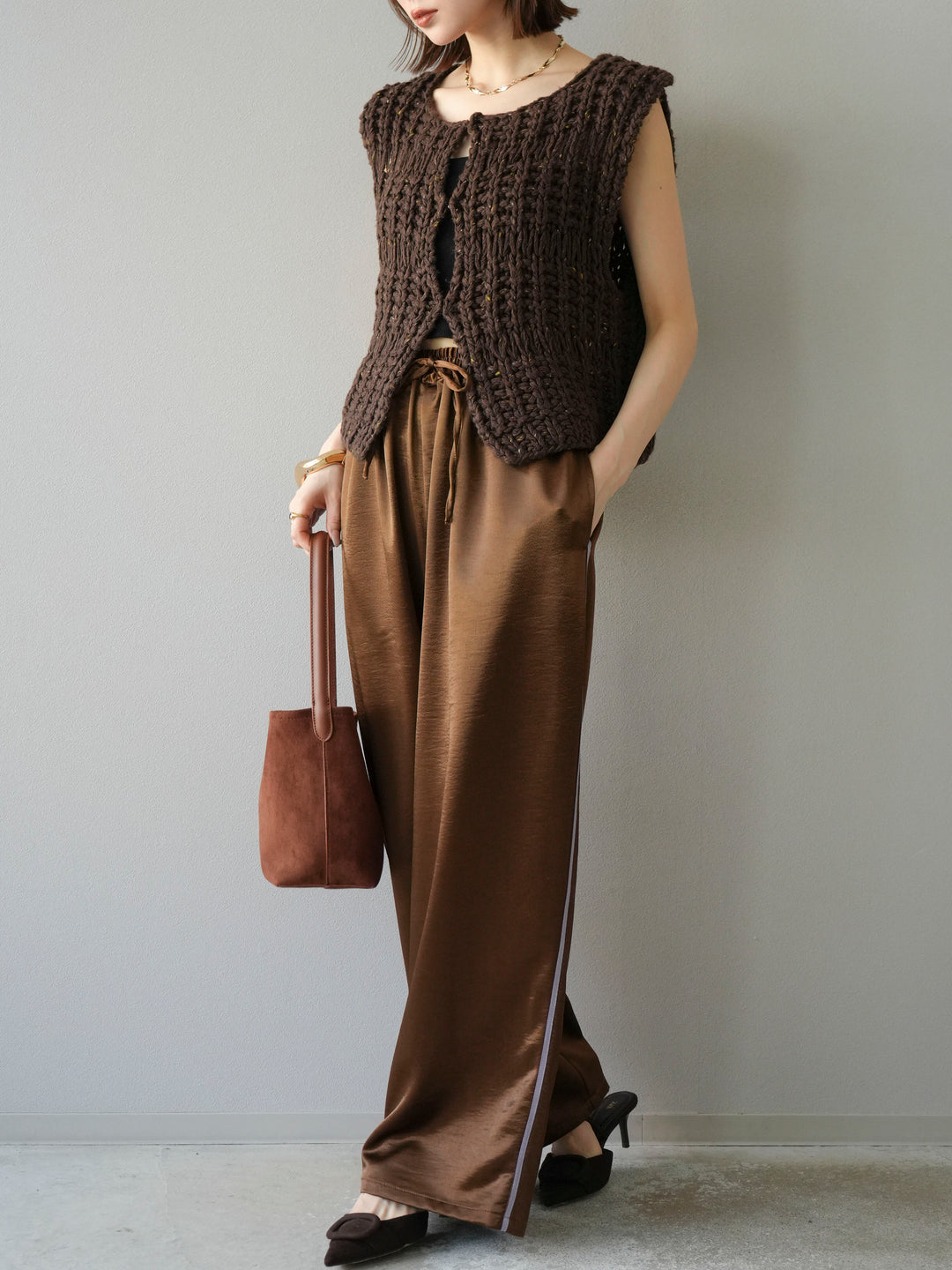 [予約]サテンラインワイドパンツ/ブラウン