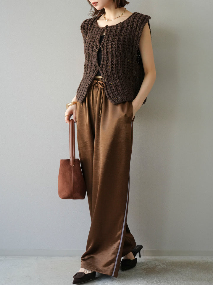 [予約]サテンラインワイドパンツ/ブラウン