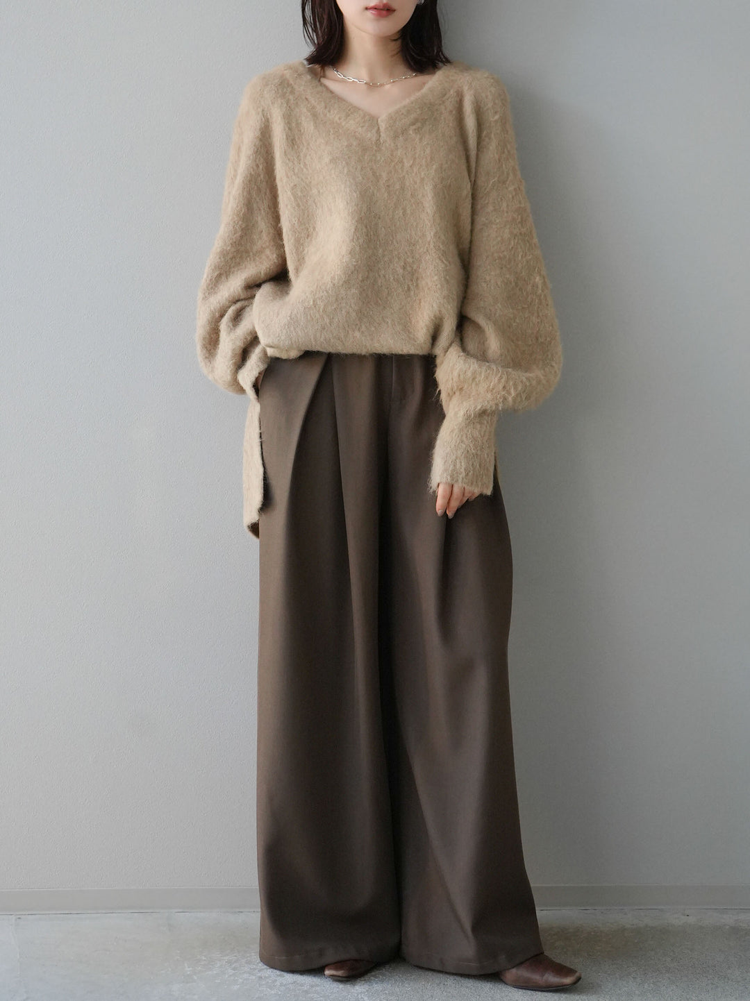 [予約]Vネックオーバーモヘアニットプルオーバー/ベージュ