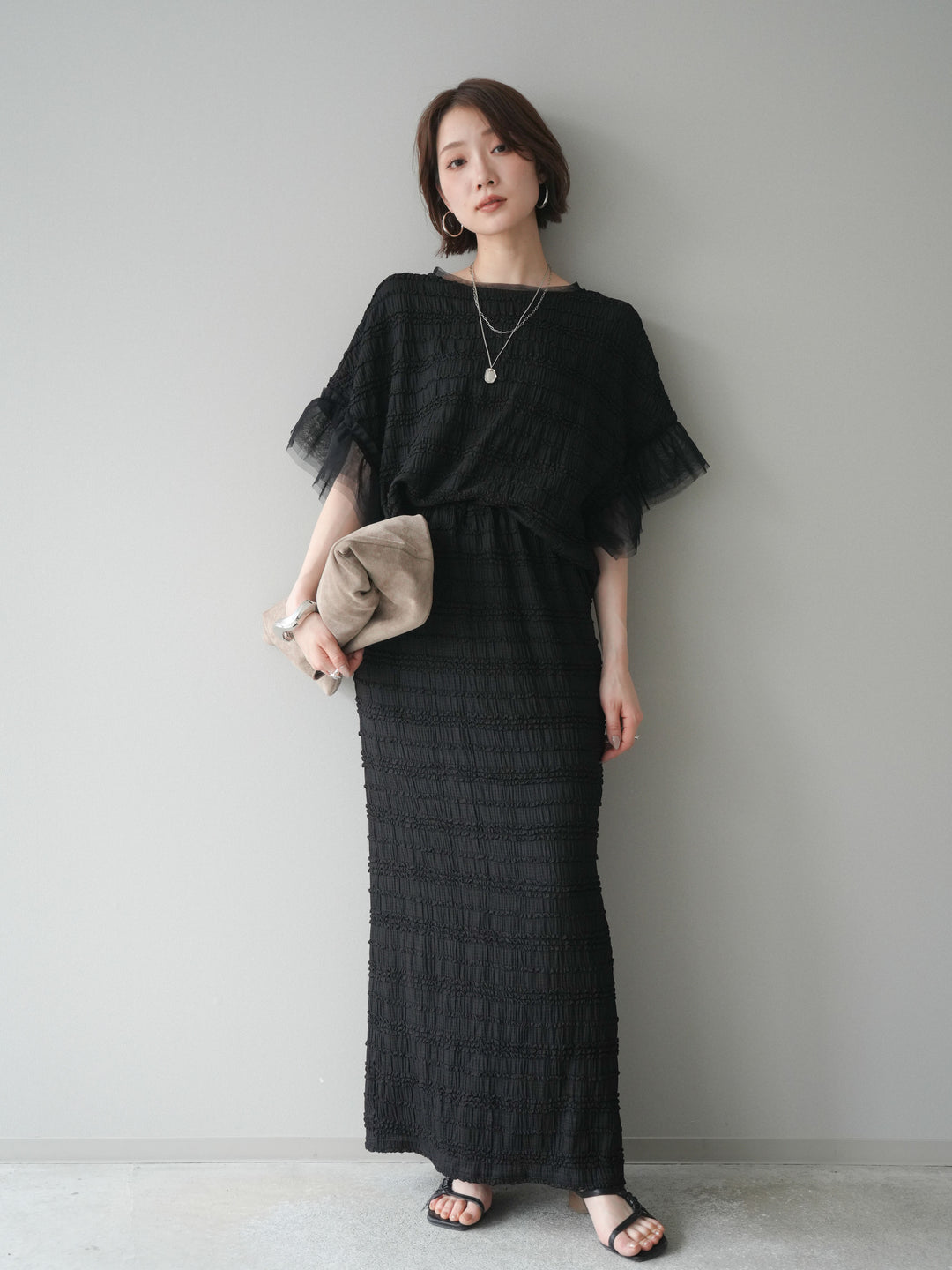 [SET]チュール袖リップルトップス+リップルIラインスカート(2set)