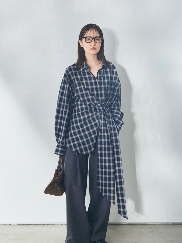 【Allure】[SET]ウエストアシメリボンシャツ+アシンメトリーウエストタックパンツ(2set)