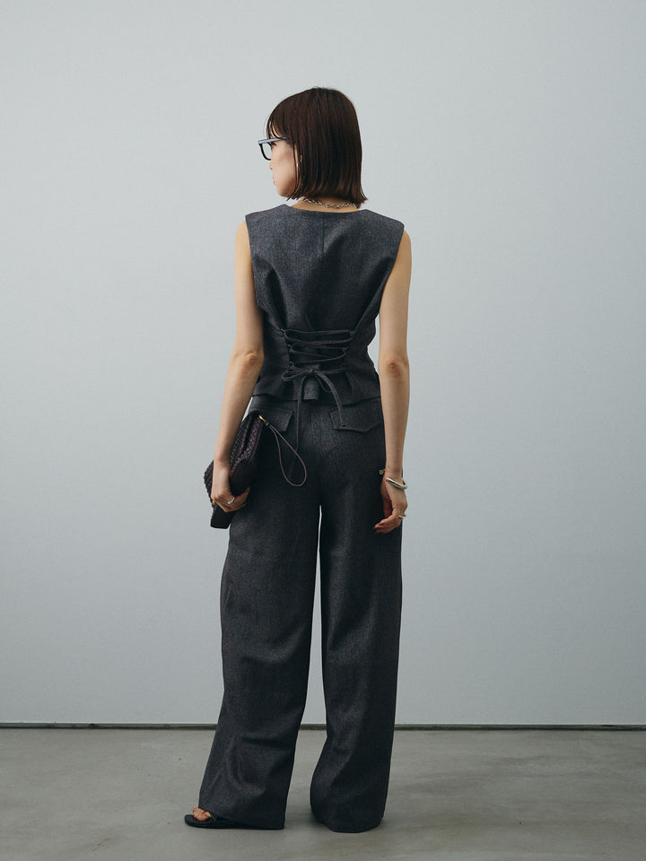 [SET]フラワーモチーフレースアップジレ＆ベルト付ワイドパンツSET UP(2set)