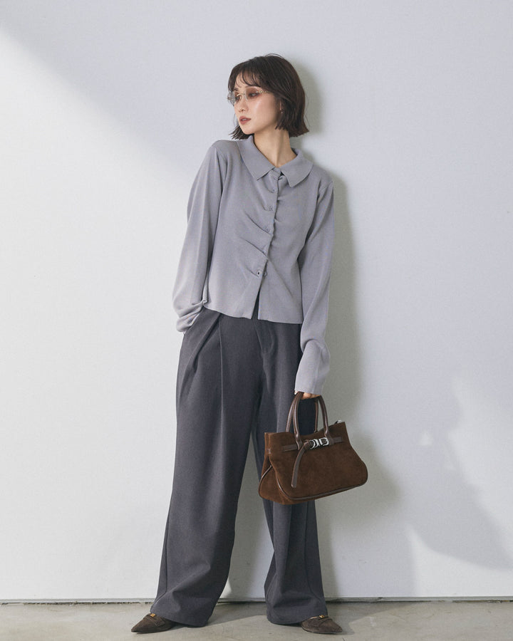 【Allure】[SET]襟付きギャザーニットカーディガン+アシンメトリーウエストタックパンツ(2set)