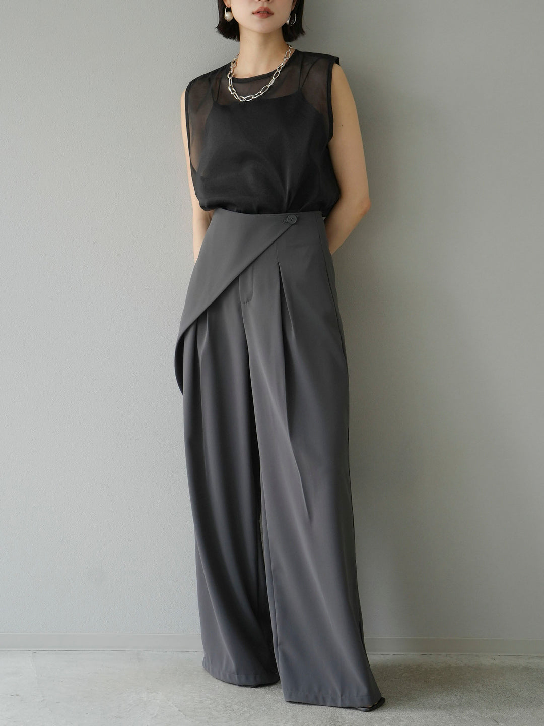 [SET] Organza sleeveless top + wrap wide pants (2set)