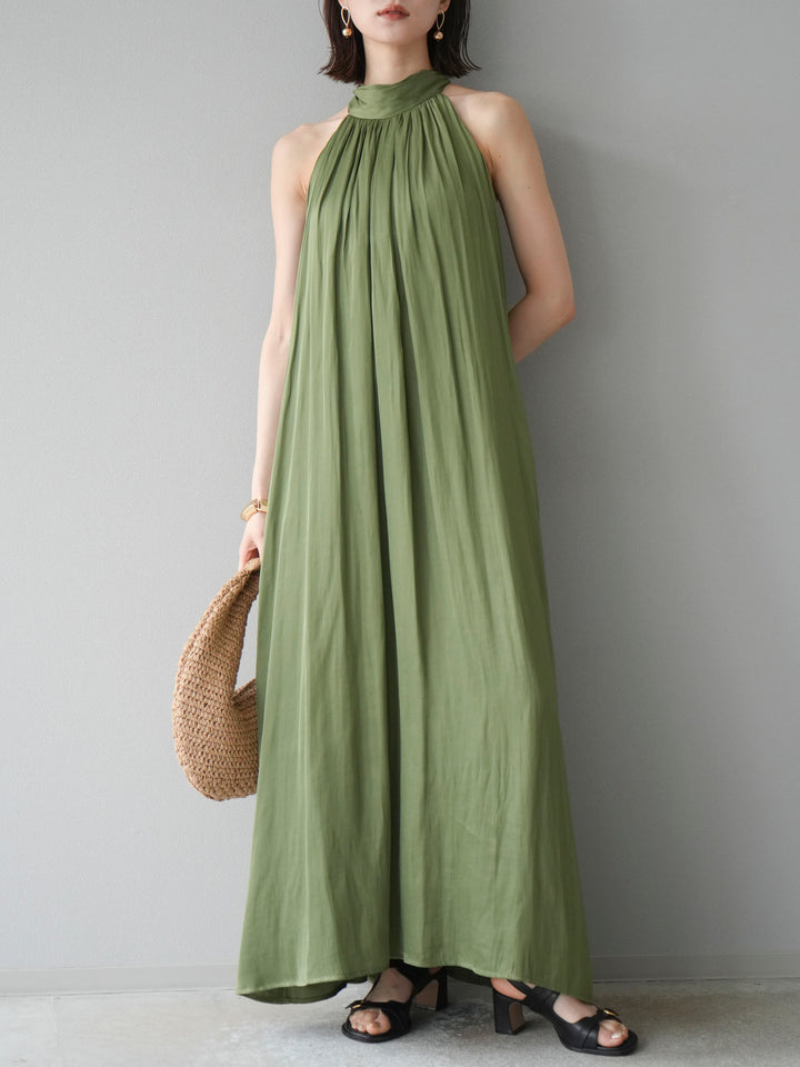 [予約]シャイニーホルターワンピース/グリーン