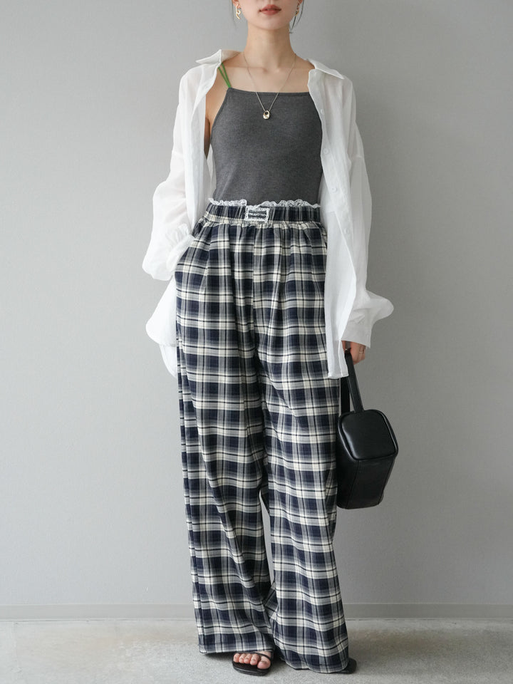 【預購】蕾絲層疊格紋寬褲/藏青色