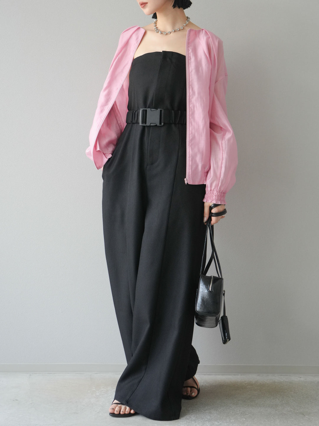 [SET]タックデザインシアーブルゾン+ヘザーツイルベルト付ベアサロペット(2set)