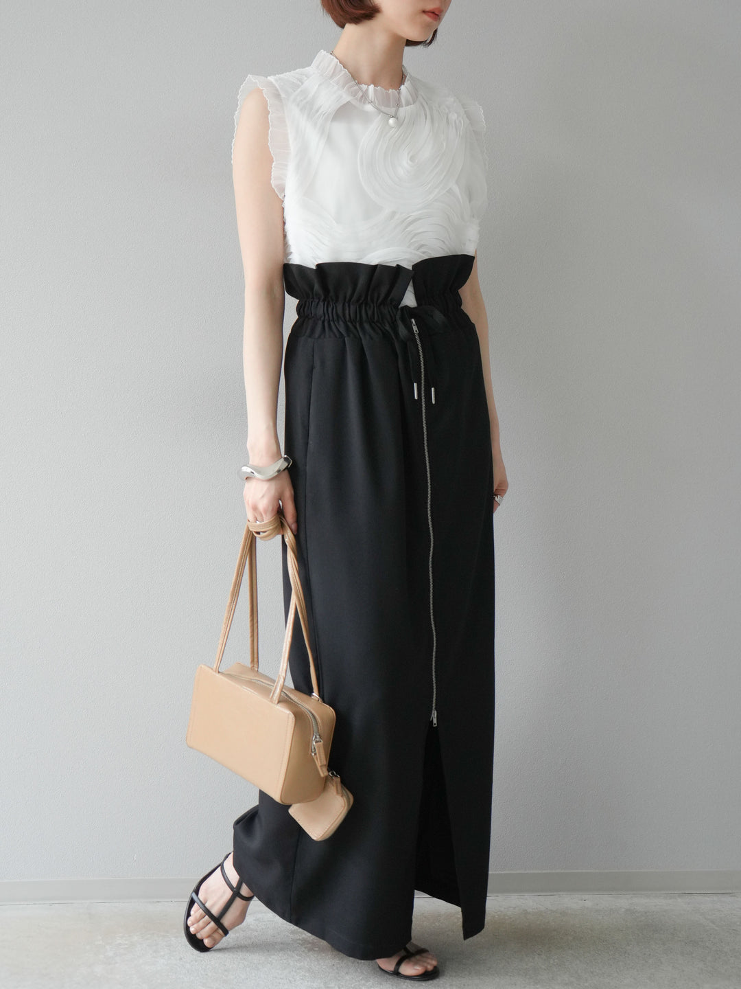 [SET]チュールジャガードノースリブラウス+ヘザーエステルギャザージップスカート(2set)